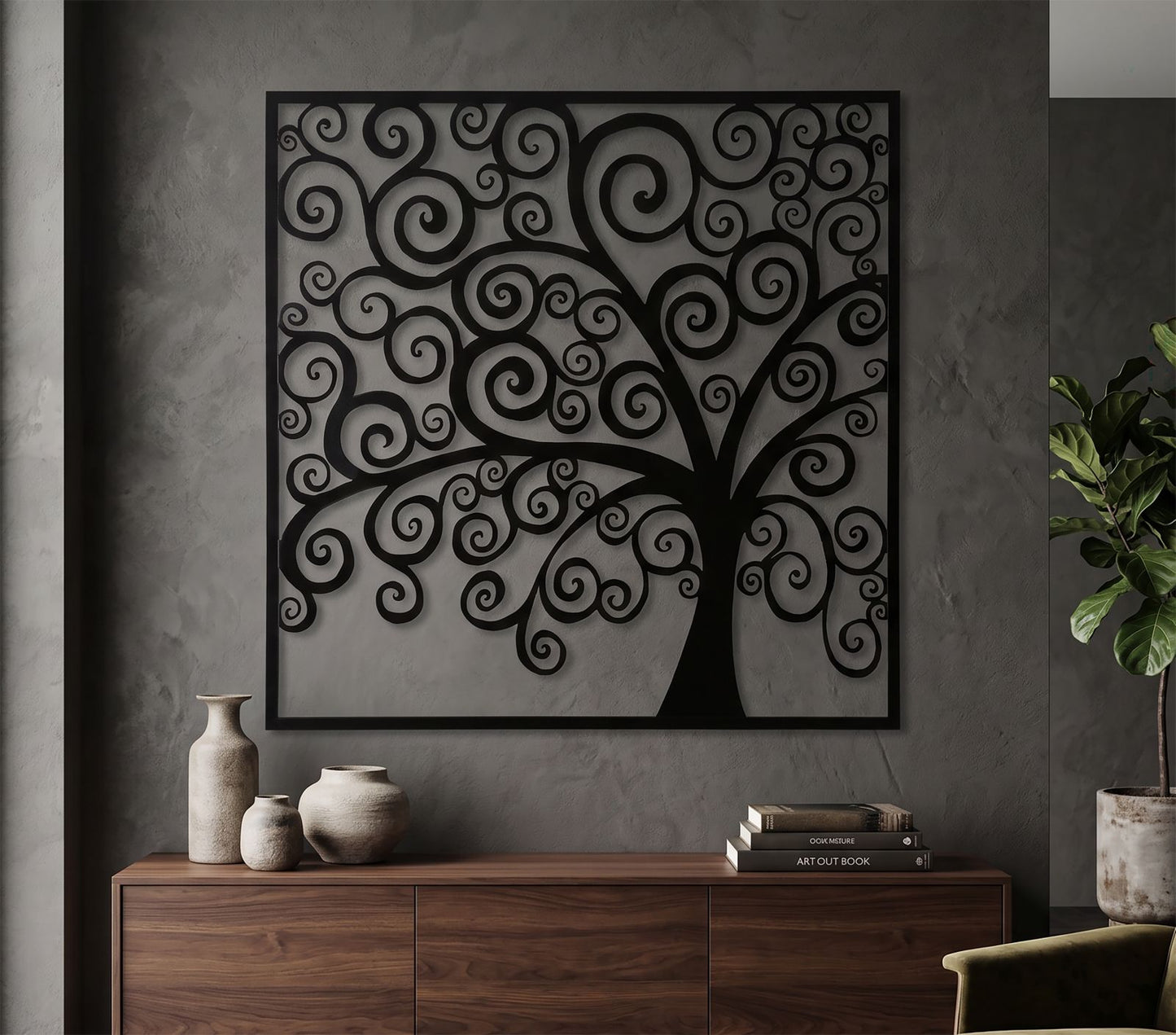 Ijzeren Wandpaneel Boom Met Lijst 100x100x1 cm