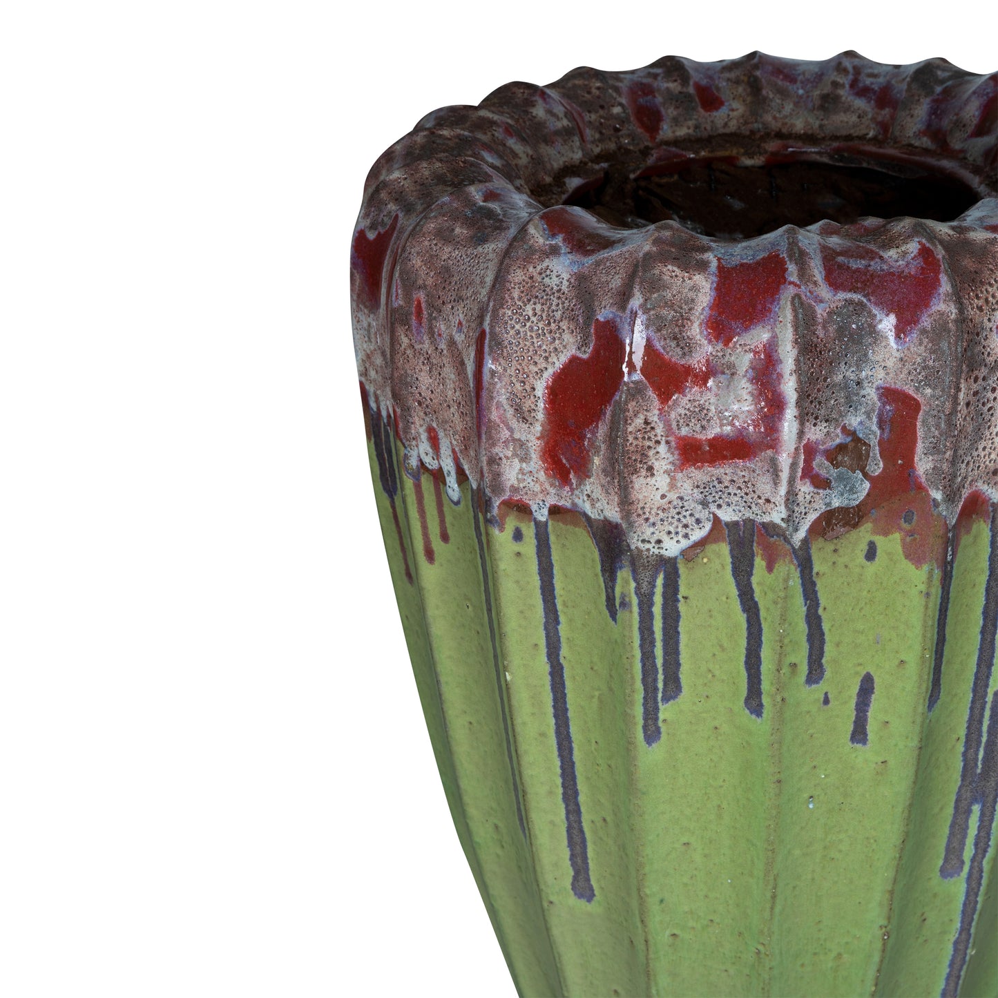 Linex Green Ceramic Pot Organic Ribbed Round L