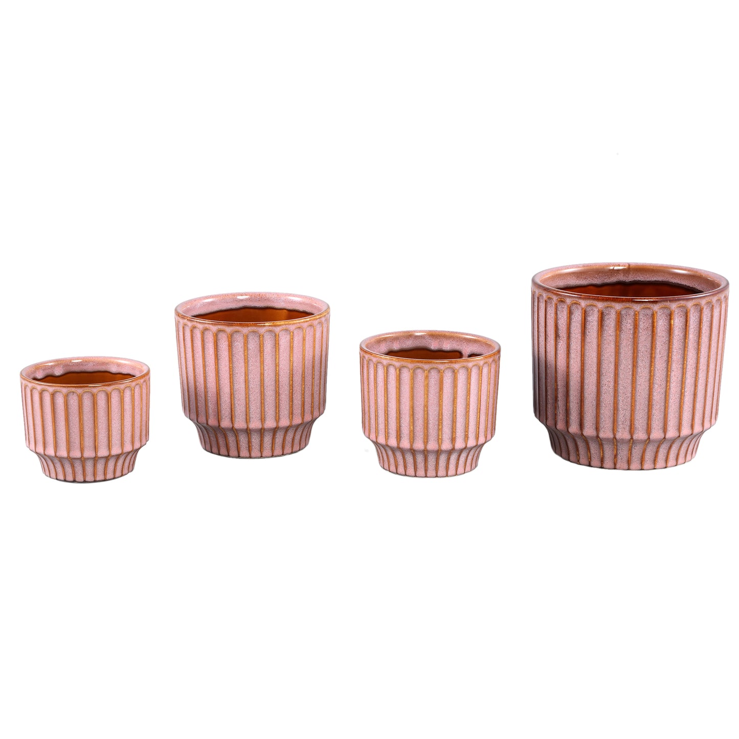 Hodor Roze Glazuurde Keramische Ronde Pot Lines L - Set van 4 16x17x17 cm