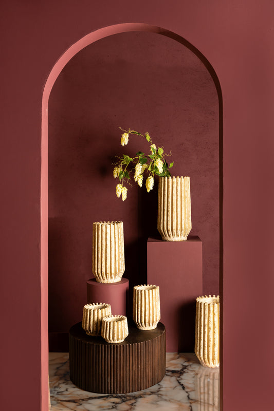 Zariya Cream Cement Round Pot Ribbed Lines High XS