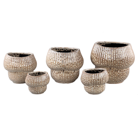 Colby Brown Ceramic Pot Round Shaped With Lines L