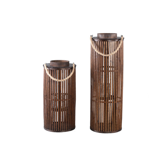 Zafria Bruine Ronde Bamboe Lantaarn Met Glas Set van 2 Stuks L - 2 Sets 70x24x24 cm