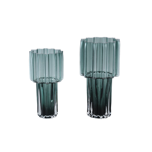 Maayan Groen Geribd Glas Vaas Brede Hals Rond S 30x14.5x14.5 cm
