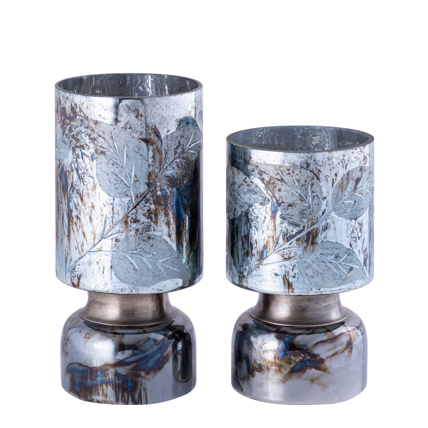 Navanah Blauw Glas Windlicht Blad Gegraveerd Rond Set van 6 20x12x12 cm