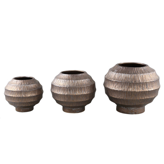 Cherith Brons Ronde Keramische Pot Geribbeld Set van 4 21x23.5x23.5 cm
