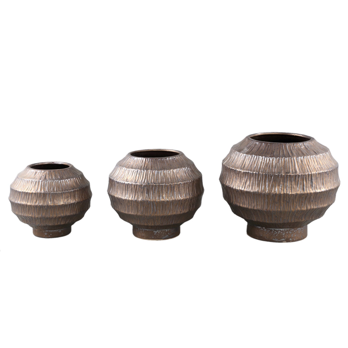 Cherith Bronzen Ronde Keramische Pot Geribd M - Set van 2 Stuks 26x28.5x28.5 cm