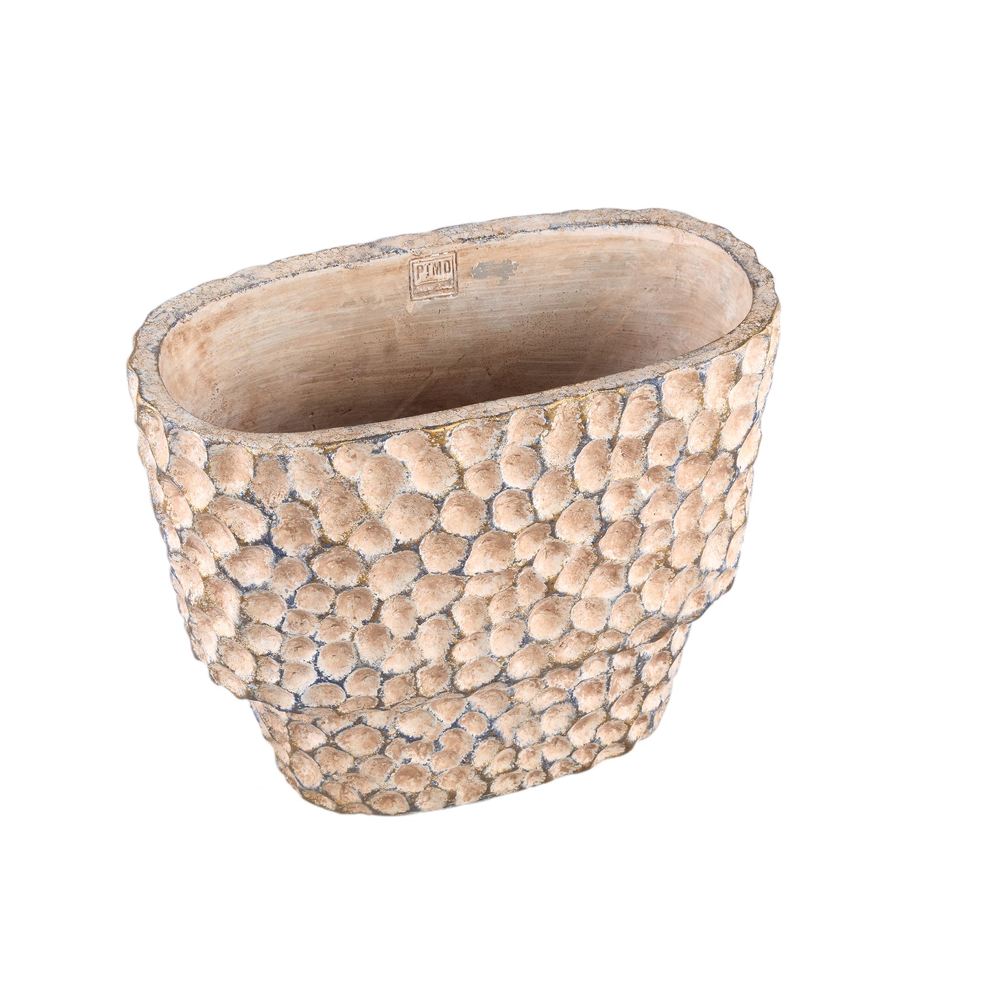 Liselot Bruine Ovale Cementpot Met Gestempeld Patroon L 36x40x20 cm