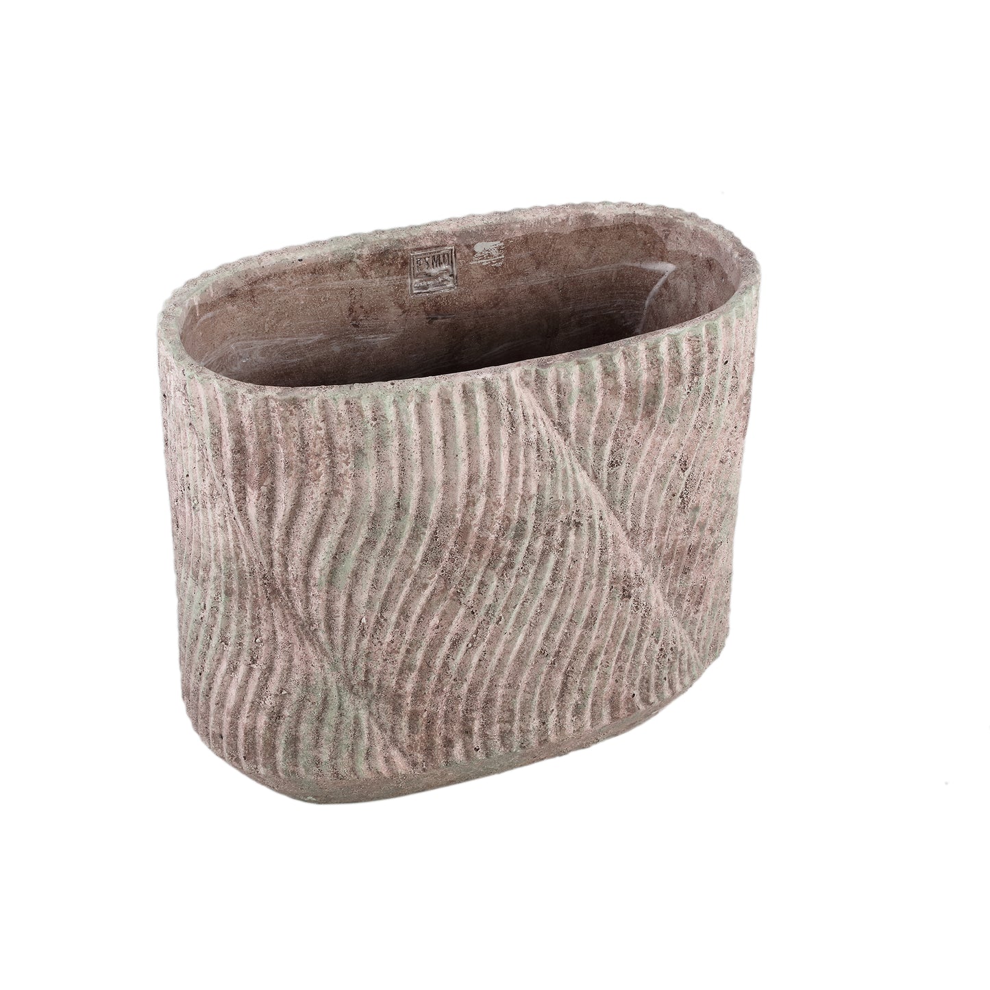 Diesel Grijze Ovale Cementpot Met Golflijnen Ruw L 36x40x20 cm