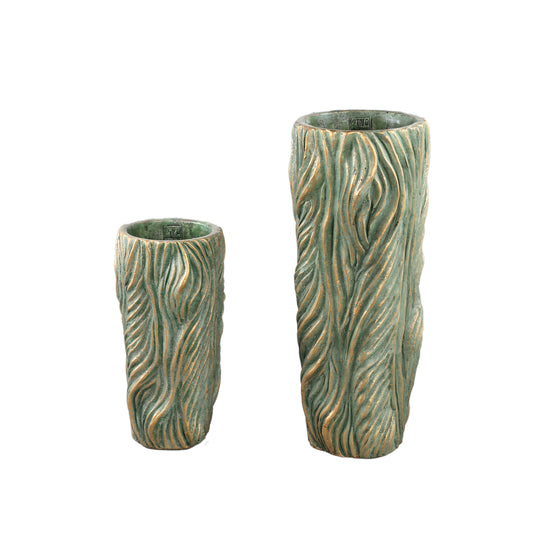 Alexio Groene Ronde Cementpot Met Golvende Lijnen Set van 4 30x16x16 cm