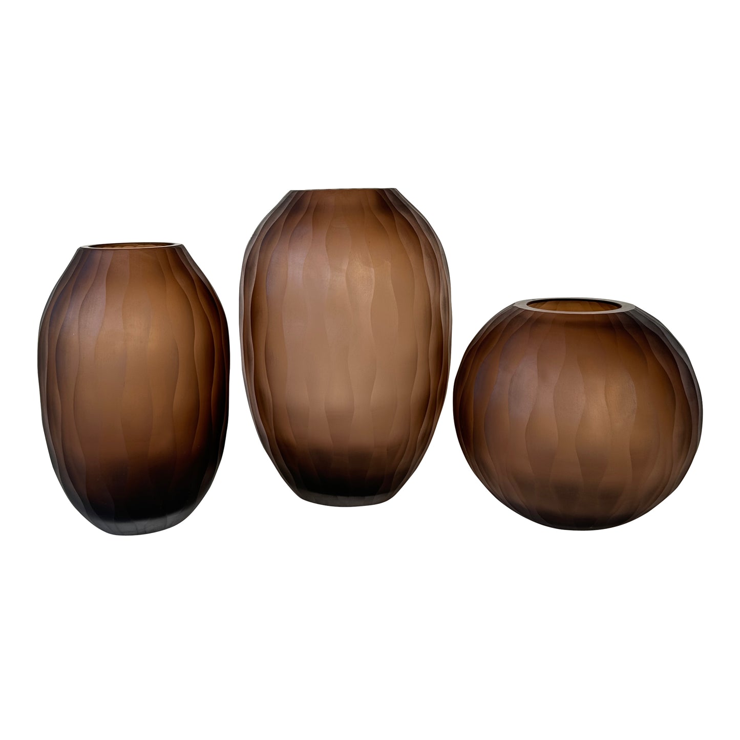 Mishan Brown Glass Round Vase Carved Wavy PatternS