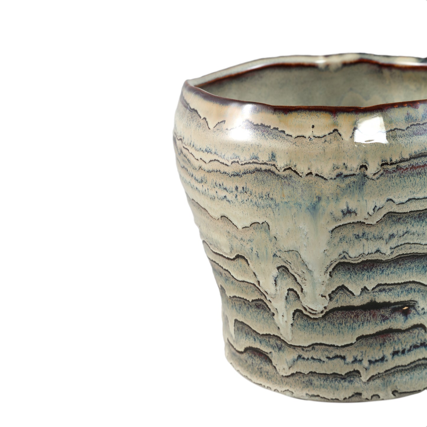 Arpit Grijze Keramische Ronde Pot Met Lijnen XL - Set van 6 Stuks - 6 Sets 14.5x16.5x16.5 cm