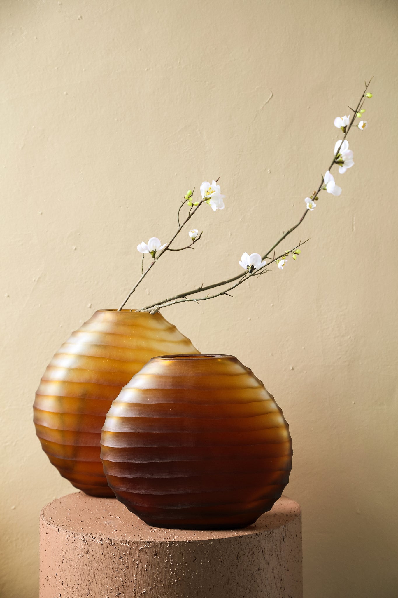 Lavanya Brown Carved Glass Oval Vase Ribbed L