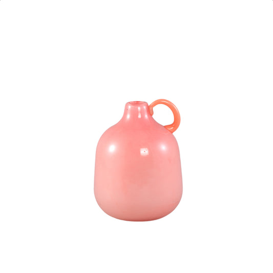 Sibyl Roze Glazen Vaas Rond Met Oranje Handvat – Set Van 6 Stuks - 6 Sets 14x11x11 cm