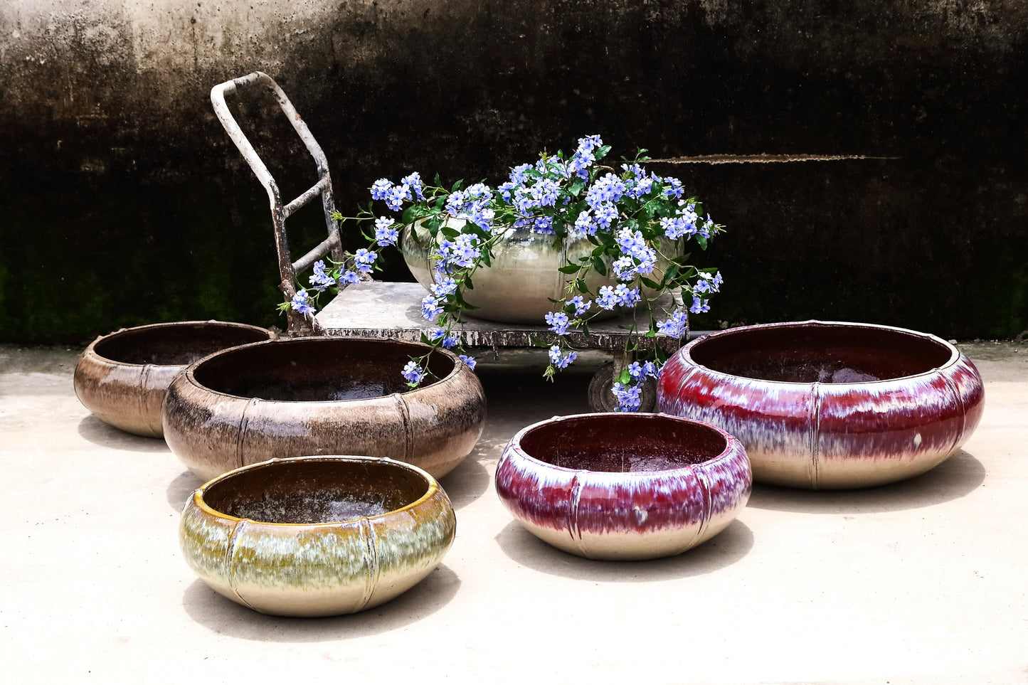Azad Cream Ceramic Bowl Pot Low Round Set Of 2