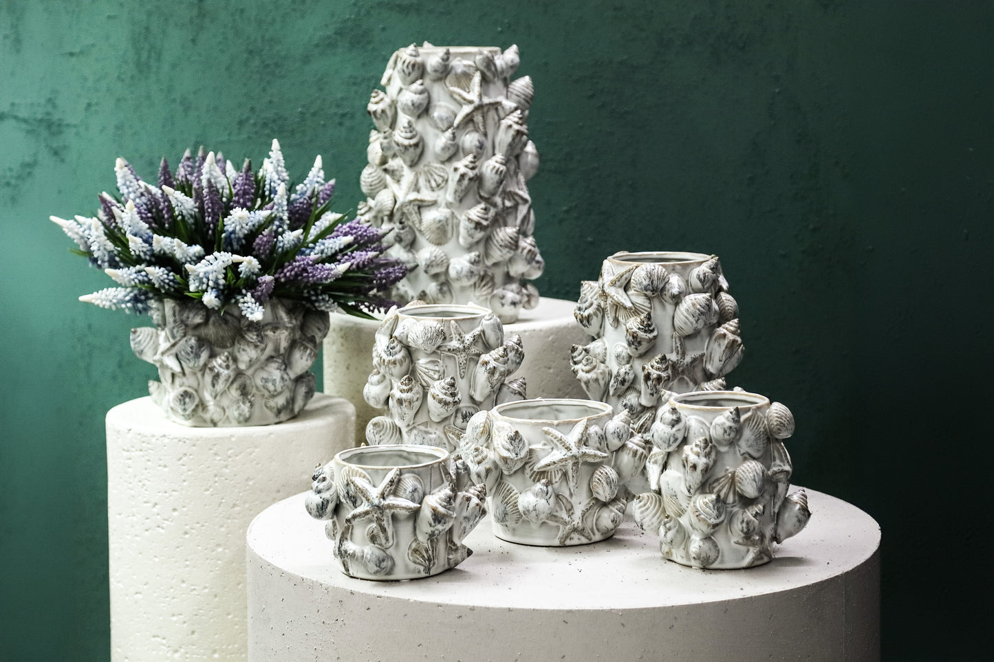 Prince Cream Ceramic Pot 3D Seashells Round High L