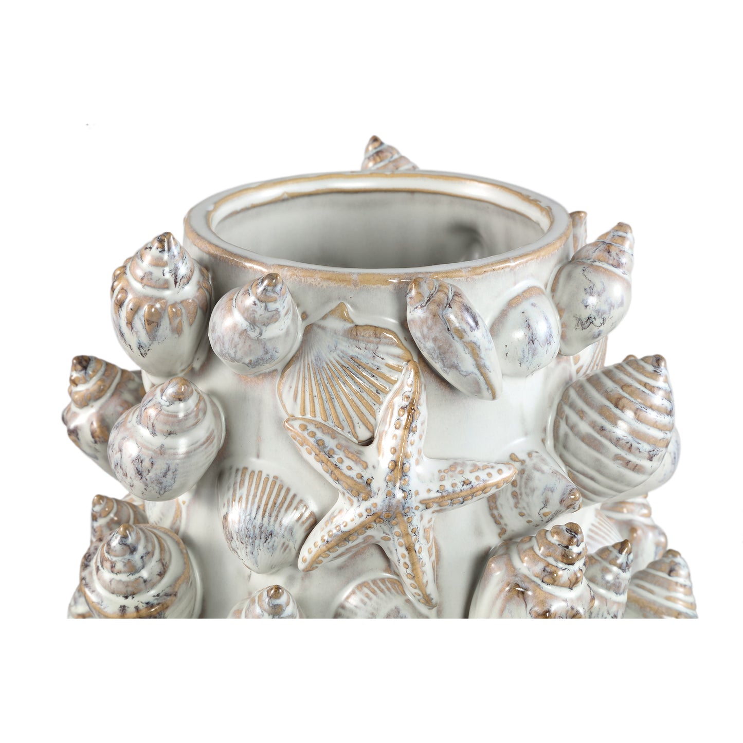 Prince Crème Keramische Pot Met 3D Schelpen Rond Hoog XL 37.5x25x24 cm
