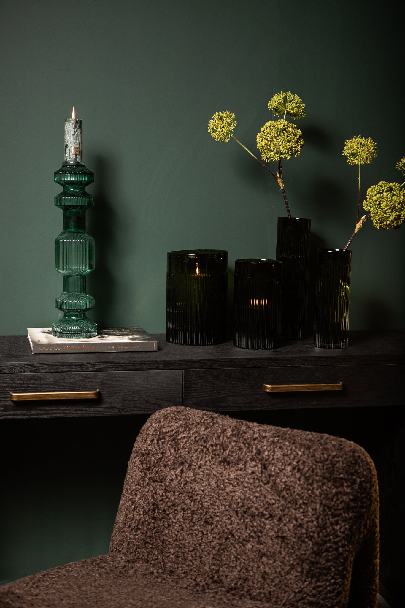 Alphaba Olive Green Round Ribbed Glass Vase Wide L