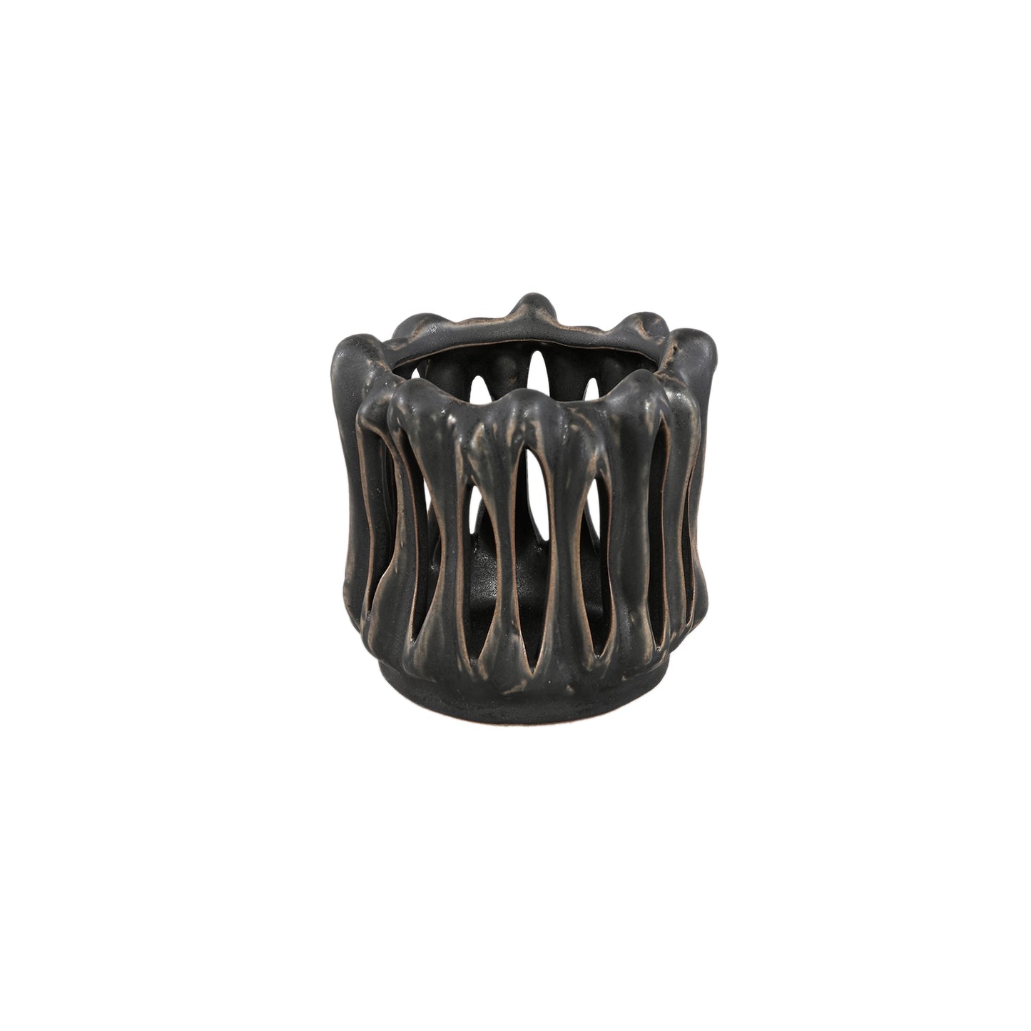 Luci Zwart Keramische Theelicht Open Geribbeld Rond S Set van 6 Stuks - 6 Sets 9.5x10x10 cm