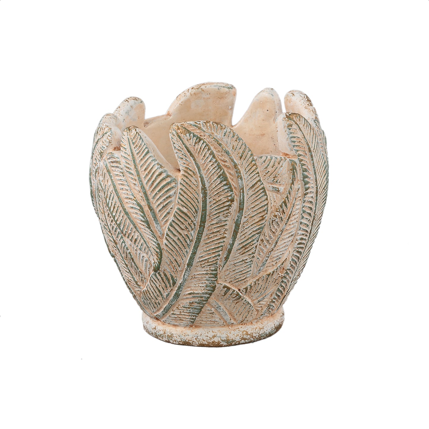 Noami Crème Cement Ronde Pot Met Bladpatroon M - Set van 8 16.5x17x17 cm