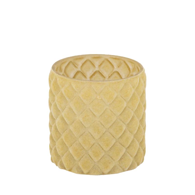 Amella Geel Flocking Glas Theelicht Ruit M Set van 8 10x10x10 cm
