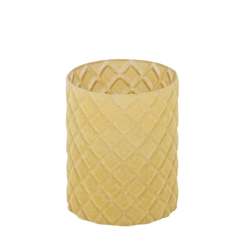 Amella Geel Flocking Glas Theelicht Ruit Set van 4 12x10x10 cm