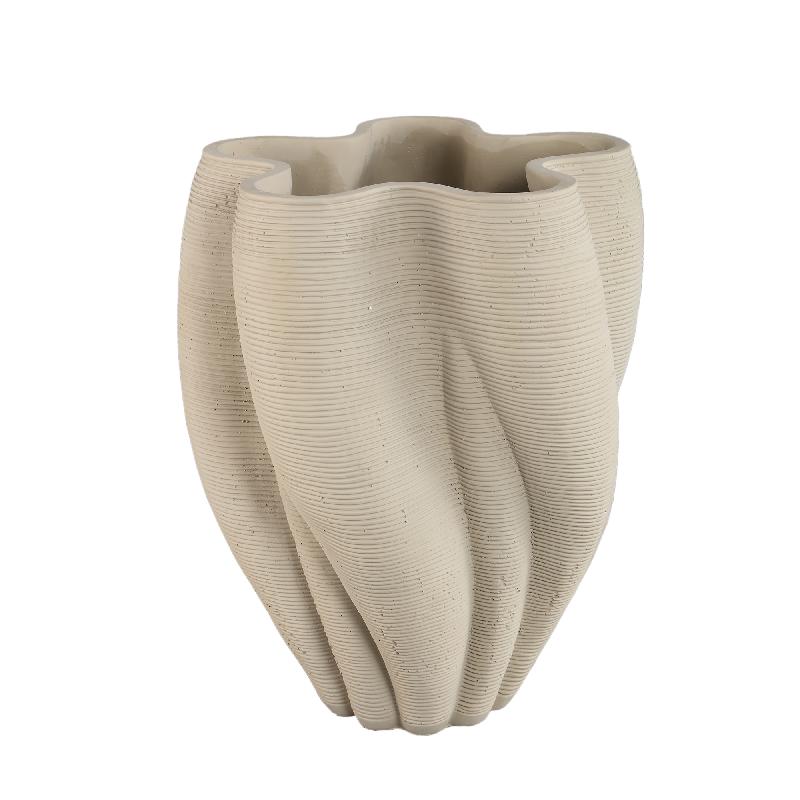 Hastin Beige Cement Vaas met Golvend Geribbd Patroon 3D-Effect L 45x36x36 cm