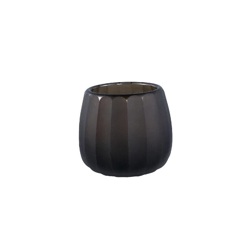 Ayva Taupe Rond Glas Handgesneden Streep Theelicht Set van 4 9x9.5x9.5 cm