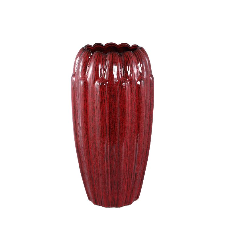 Bentz Rode Keramische Pot Met Diepe Ribbels Rond Hoog S 55x30x30 cm