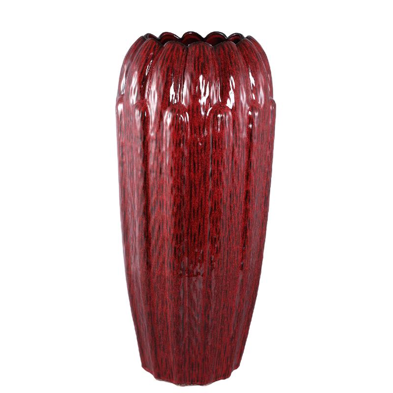 Bentz Rode Keramische Pot Met Ribbelpatroon Rond Hoog L 77x35.5x35.5 cm