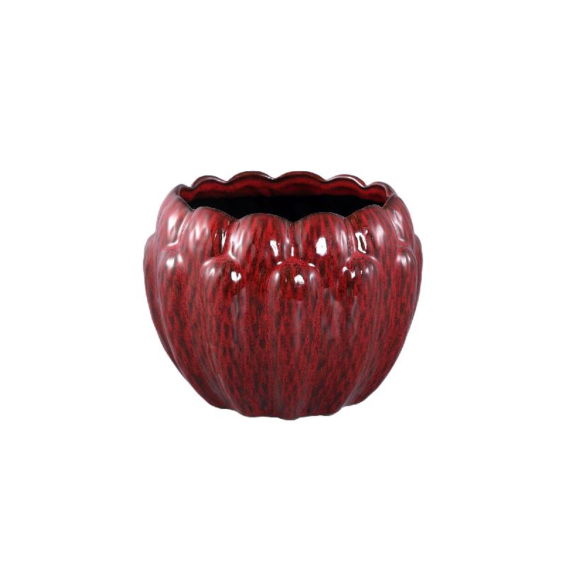 Bentz Rode Keramische Pot Dik Geribbeld Rond Laag Set van 4 15x19.5x19.5 cm