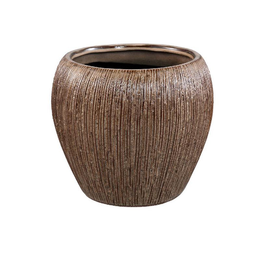 Chass Lichtbruin Keramische Ronde Pot Met Strepen Set Van 2 21x24x24 cm