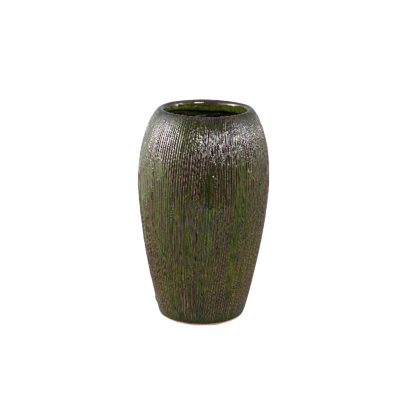 Chass Donkergroene Keramische Pot Rond met Strepen Hoog S 28x17x17 cm