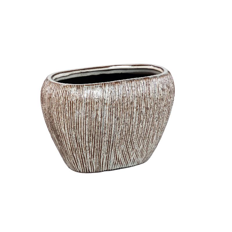 Chass Witte Keramische Ovale Pot met Strepen - Set van 4 17x25.5x14 cm
