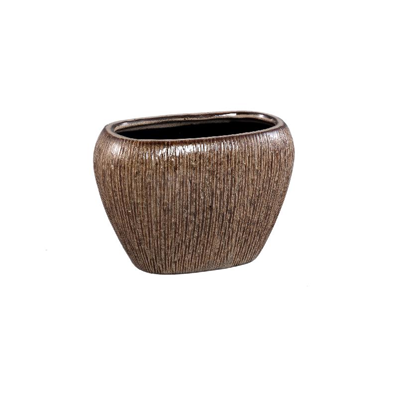 Chass Lichtbruin Keramische Ovale Pot met Streeppatroon Set van 4 Stuks 17x25.5x14 cm