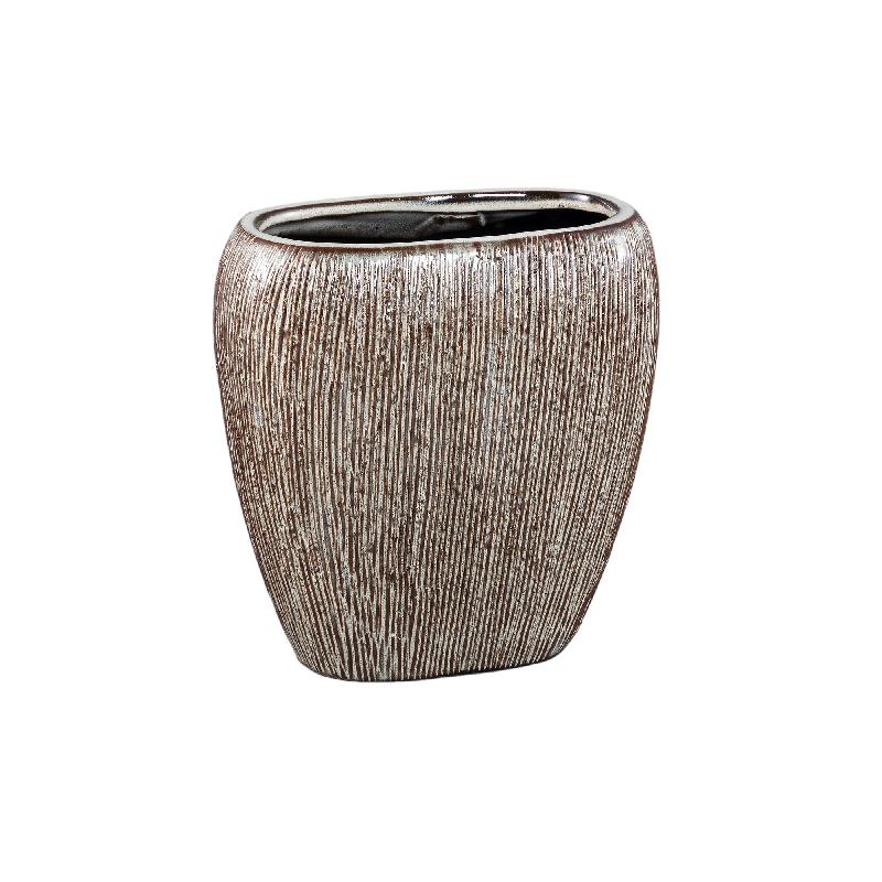 Chass Witte Keramische Ovale Pot met Strepen L – Set van 2 25x24.5x15 cm