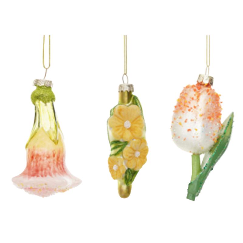 Mirta Roze Glazen Bloem Mix Hangende Decoratie Set Van 4 10.5x6x4 cm