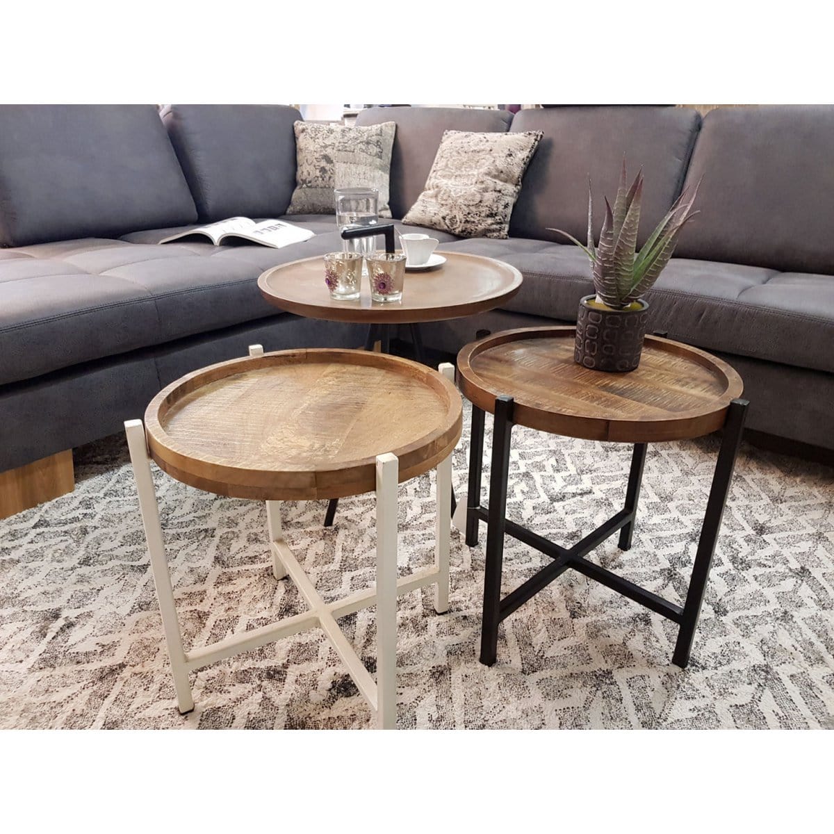 Voglrieder kreatives Wohnen Bijzettafel ø 46 x H 45 cm salontafel woonkamertafel rond Omaha metalen frame oudzilver/zwart
