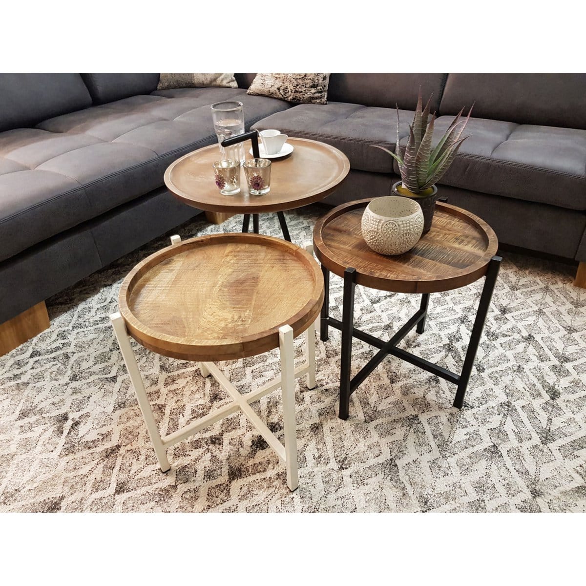 Voglrieder kreatives Wohnen Bijzettafel ø 46 x H 45 cm salontafel woonkamertafel rond Omaha metalen frame oudzilver/zwart