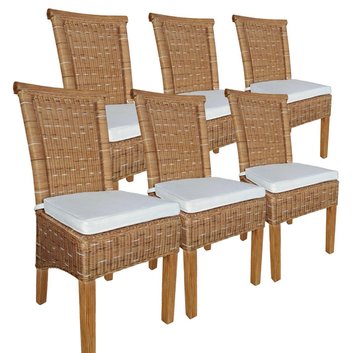 Voglrieder kreatives Wohnen Eetkamerstoelenset rotan stoelen Perth 6 stuks bruin zitkussens linnen wit