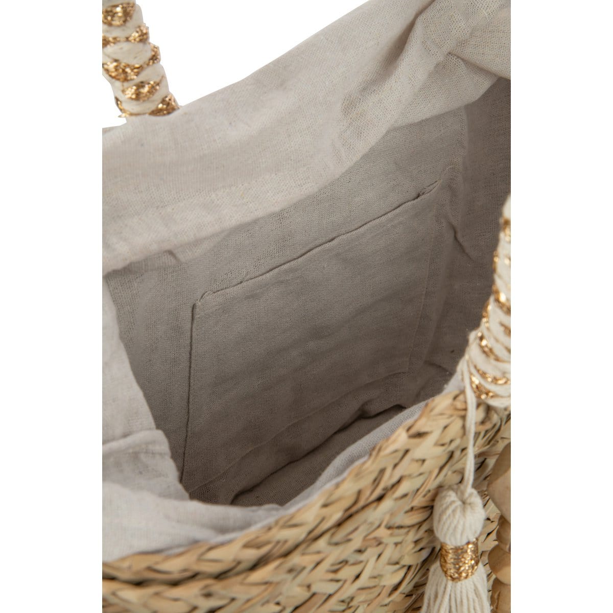 J-Line J-Line Strandtas Kwast+Houten Kralen Zeegras Nat/Creme