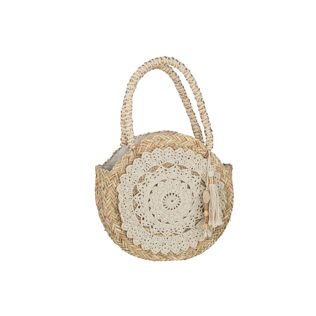 J-Line J-Line Strandtas Rond+Kwast/Houten Kralen Zeegras/Kant Nat/Wit