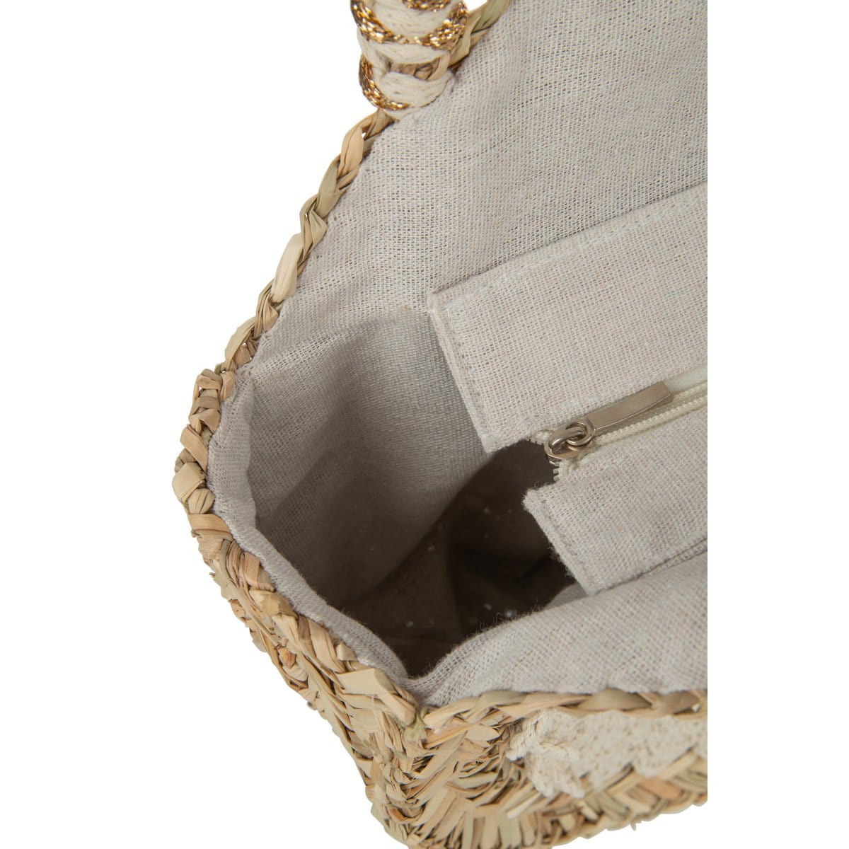 J-Line J-Line Strandtas Rond+Kwast/Houten Kralen Zeegras/Kant Nat/Wit