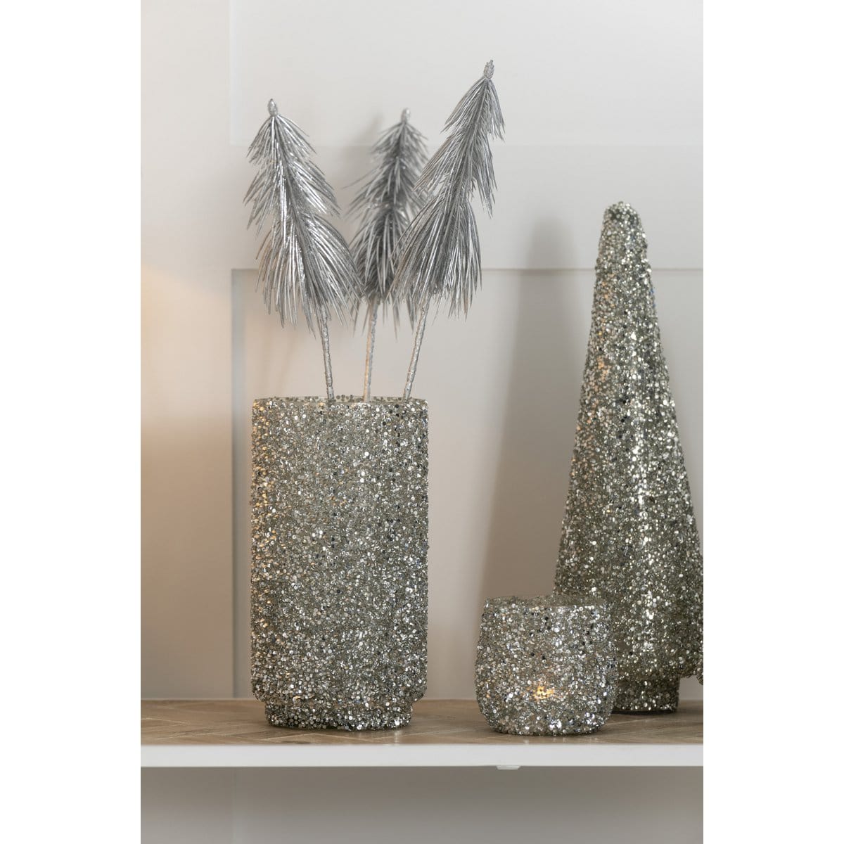 J-Line J-Line theelichthouder Glitter - glas - zilver - small - 2 stuks
