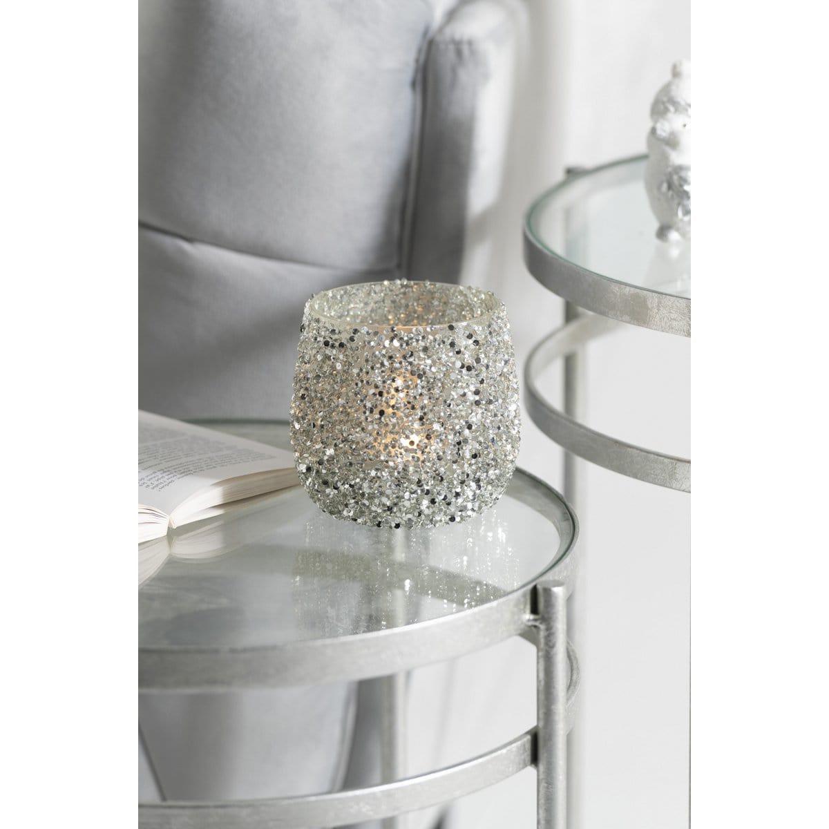 J-Line J-Line theelichthouder Glitter - glas - zilver - small - 2 stuks