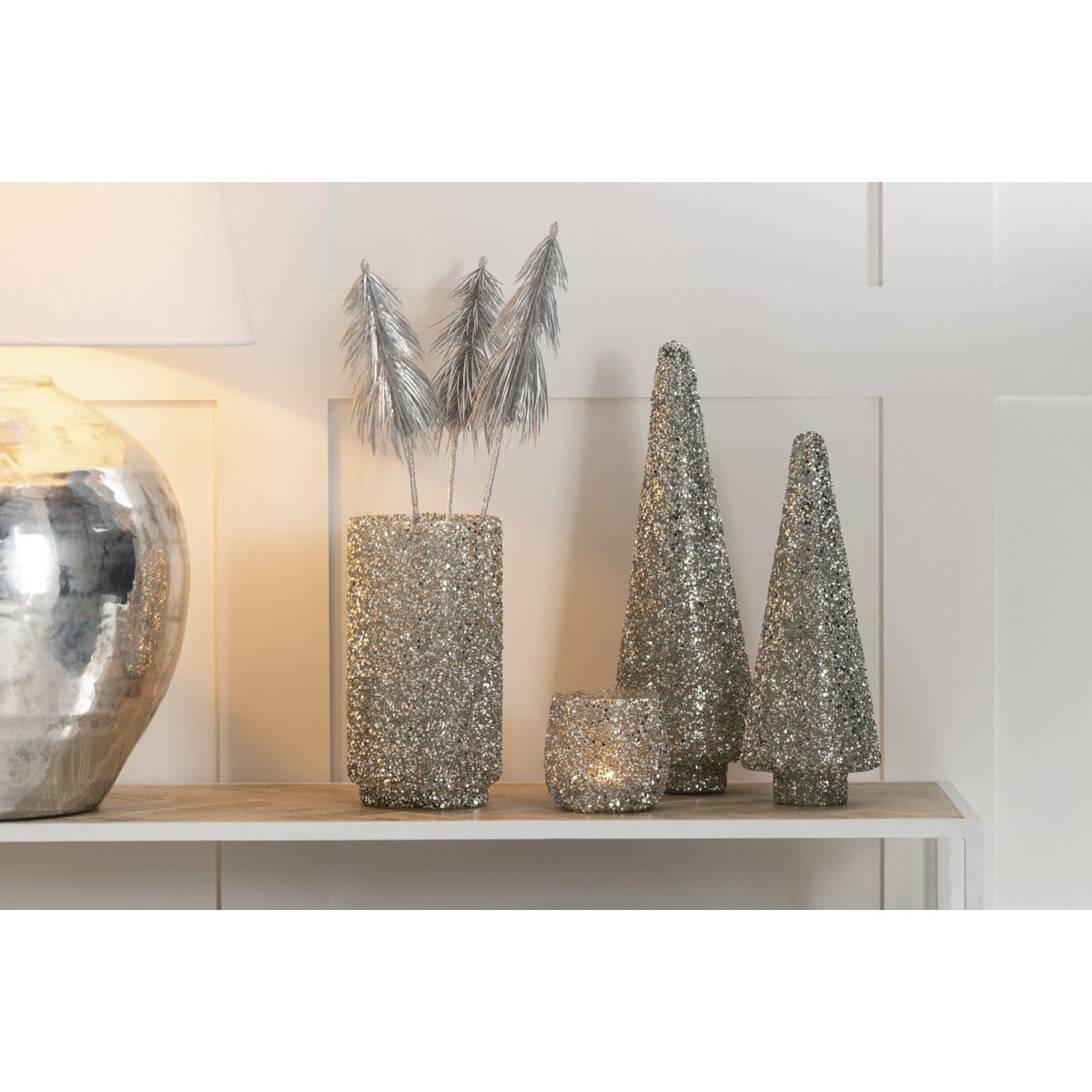 J-Line J-Line theelichthouder Glitter - glas - zilver - small - 2 stuks