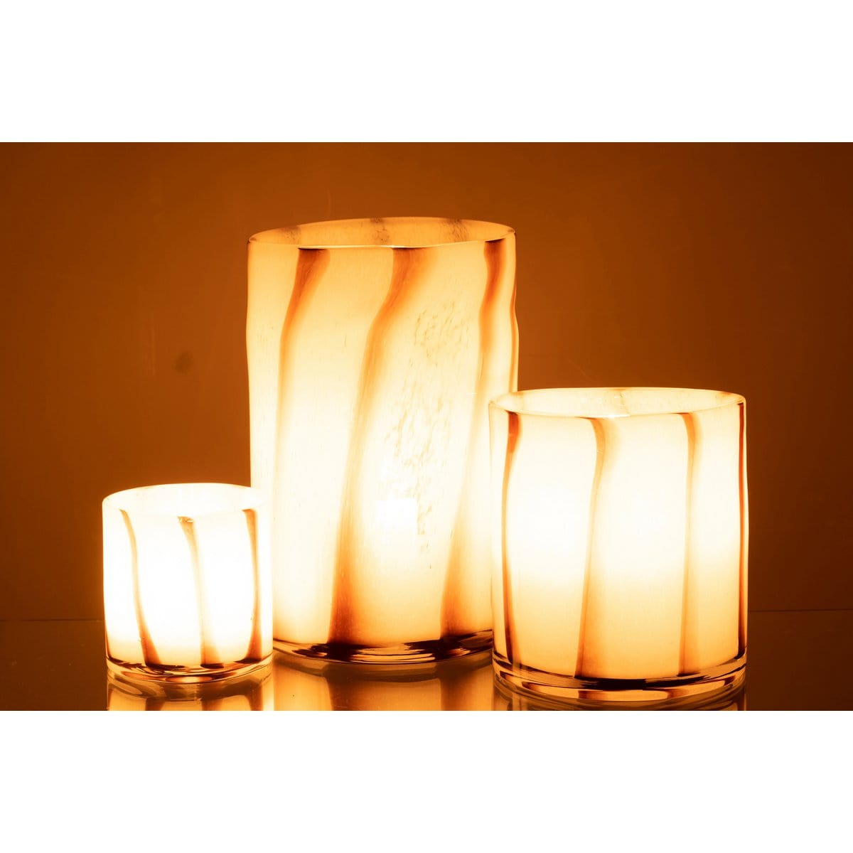 J-Line J-Line windlicht Strepen Safari - glas - wit/bruin - groot