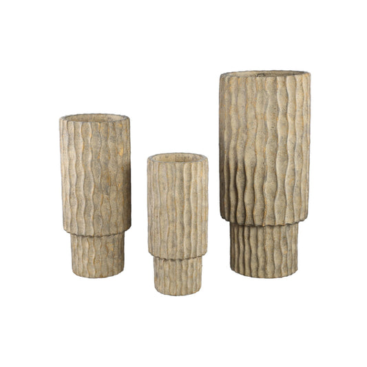 PTMD Mitty Brown cementpot golvende ribben rond hoog M