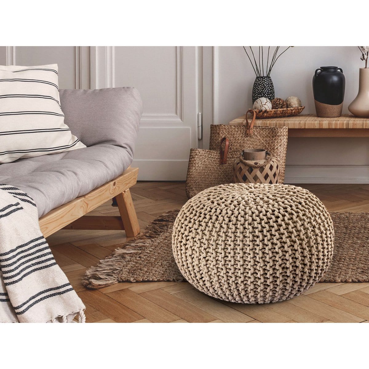 Voglrieder kreatives Wohnen Poef Ø 55 cm gebreide kruk poef vloerkussen grof gebreide look extra hoog hoogte 37 cm