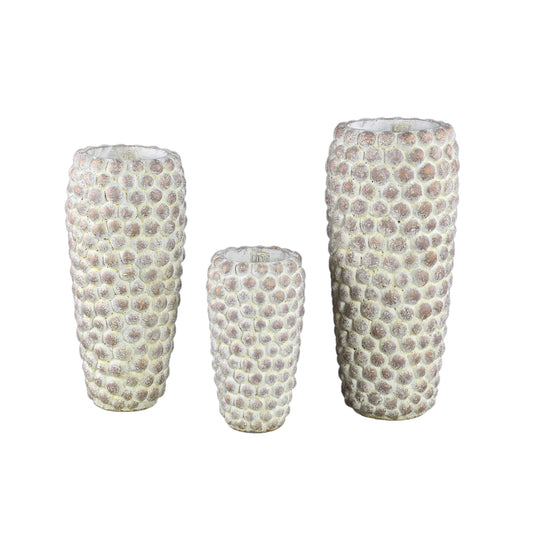 PTMD Ruis Crème cement gestippelde pot rond hoog L