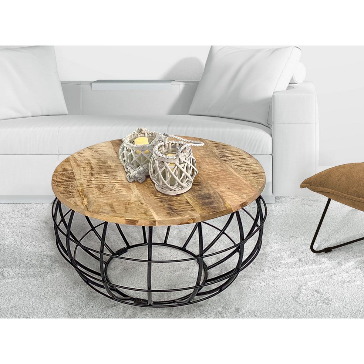 Voglrieder kreatives Wohnen Salontafel duurzaam rond ø 75 cm woonkamertafel massief hout London metalen rooster metalen frame